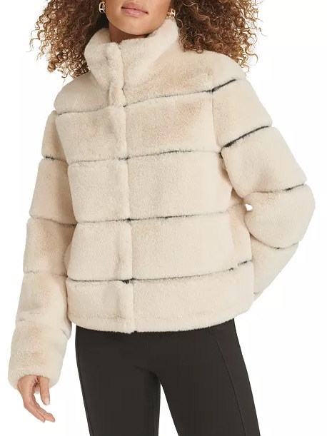 Karl Lagerfeld Cream And Black Faux Fur Collar Jacket